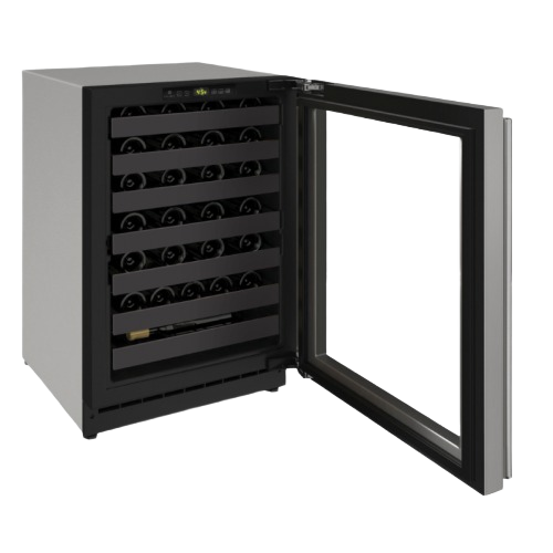 Built-in single zone wine cooler with glass door, stainless steel frame, and black wooden shelves from kitchen appliances collection