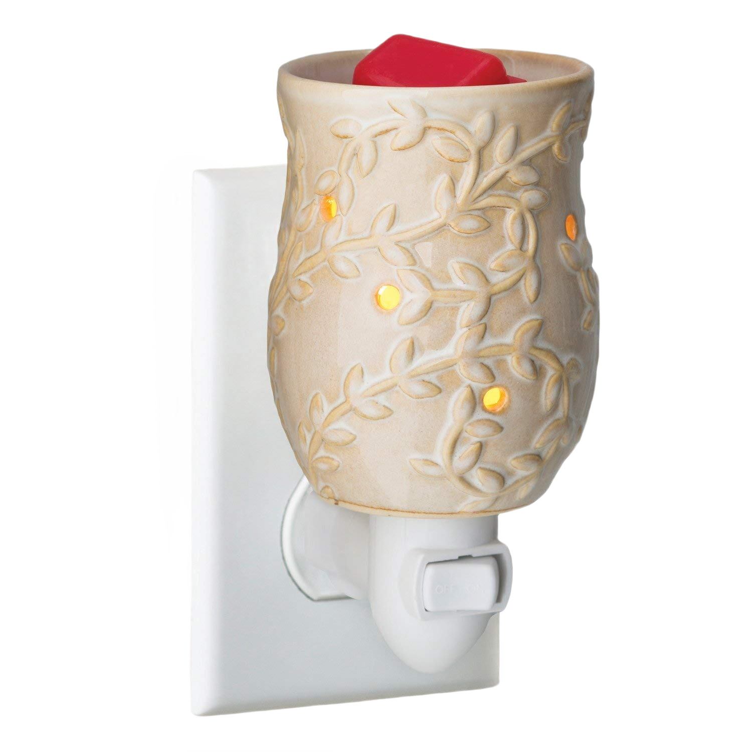 Beige ceramic fragrance warmer with vine pattern and red wax melt, designed for plug-in home use in fragrance warming
