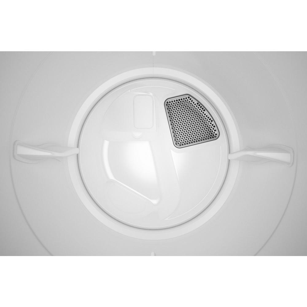 Interior view of a white front load dryer drum with vent and paddle features in appliance setting