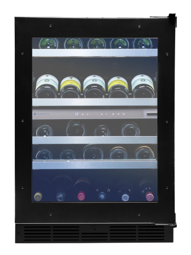 Under counter wine cellar with glass door, digital controls, and metal shelves storing assorted wine bottles in appliances collection