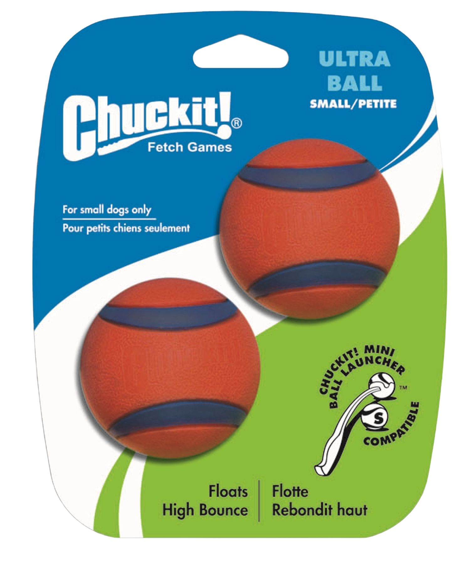 Package of two small orange dog balls with blue stripes designed for fetching, floating, and high bounce in pet toys collection