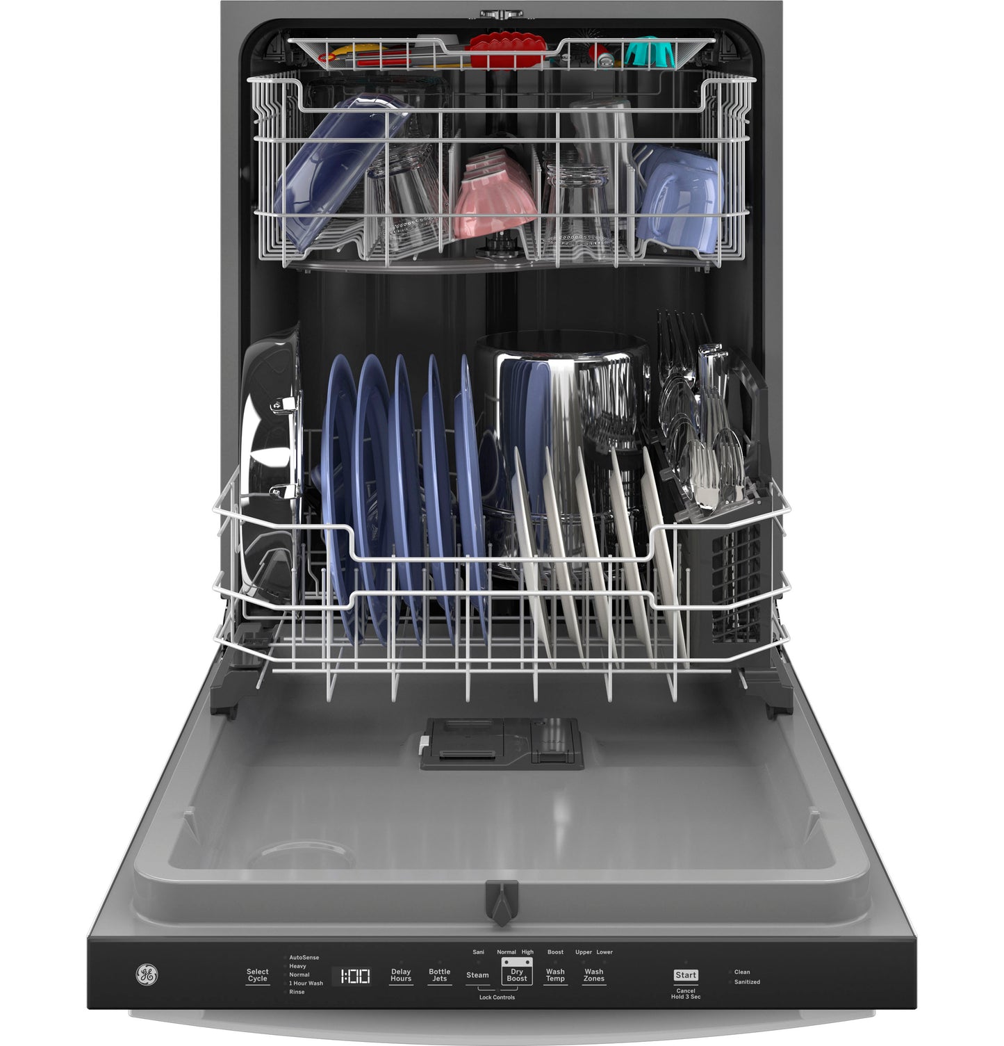 Open top control dishwasher with plastic interior loaded with plates, bowls, and utensils in Appliances and Kitchen & Kitchenware collections