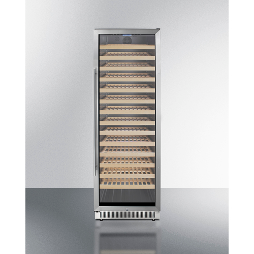 Tall stainless steel wine cellar with tinted glass door and wooden shelving from Refrigerators collection