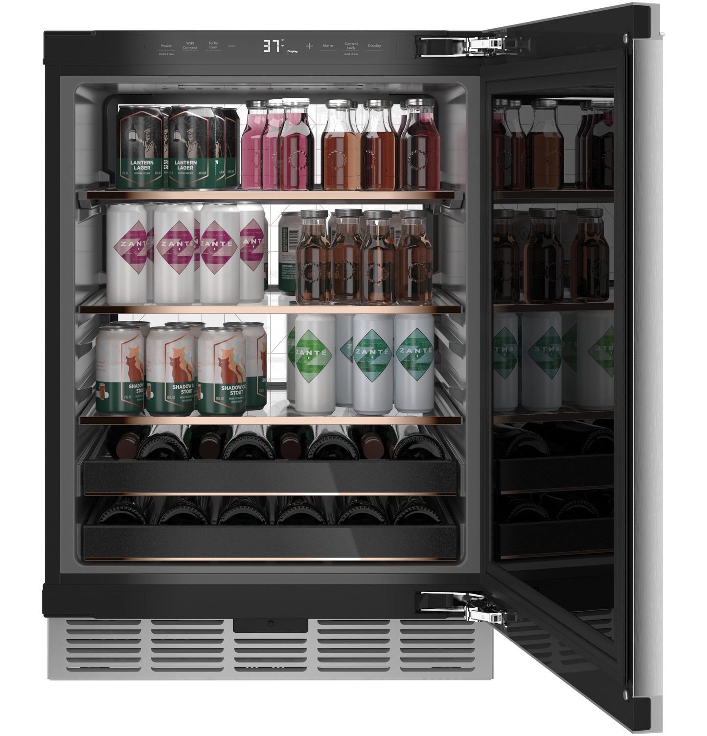Open beverage center in platinum glass with wooden shelves and organized drinks in kitchen appliances collection