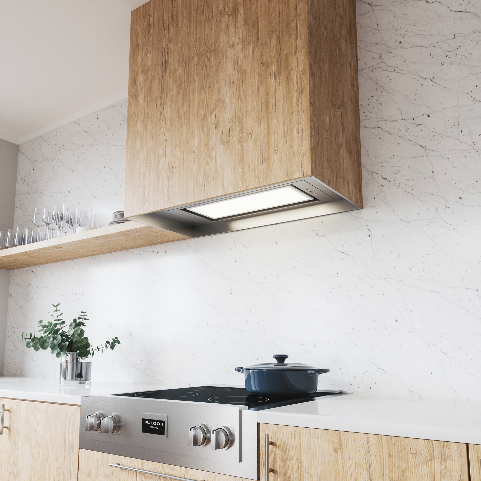 Under-cabinet modern range hood with large LED light panel above electric stove in kitchen appliances collection