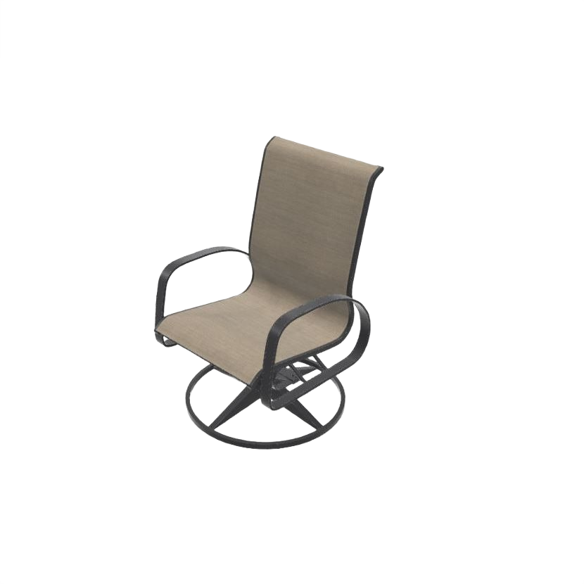 Black swivel rocker chair with curved arms and wide sling seat for patio furniture and outdoor living spaces