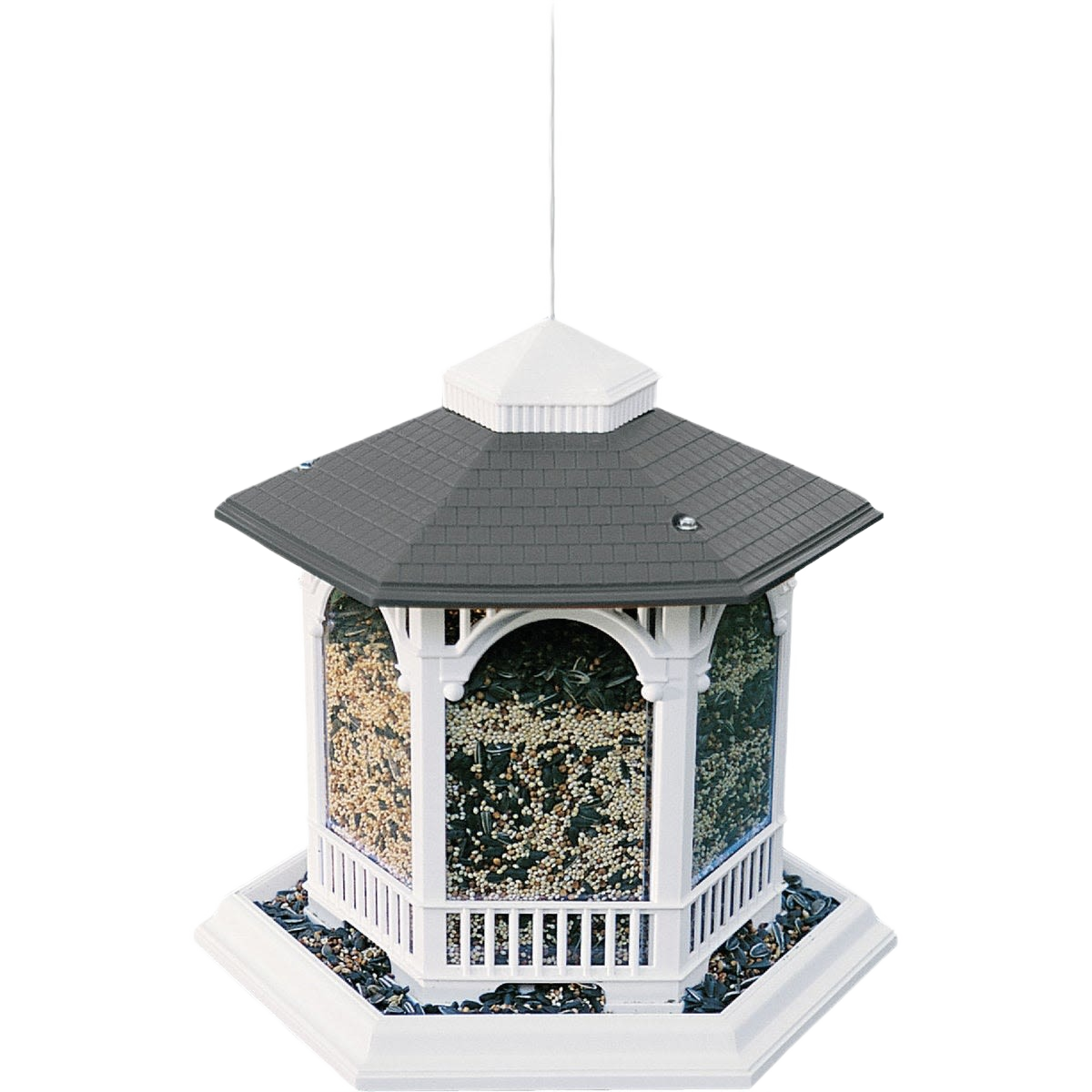 White plastic gazebo-style bird feeder with gray roof and clear seed panels for outdoor feeding and home improvement