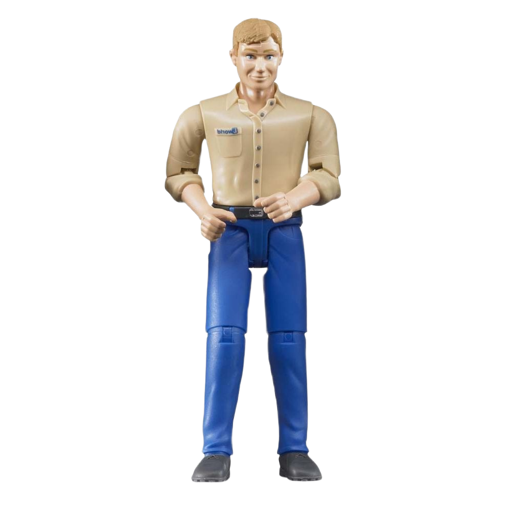 Light skin action figure wearing blue jeans and tan button-up shirt with short sleeves and black shoes