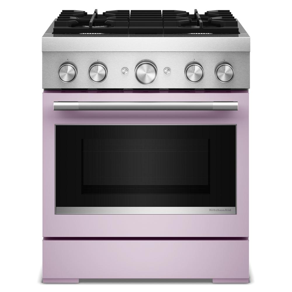 Front view of pink dual fuel range with four gas burners and stainless steel control panel in KitchenAid collection