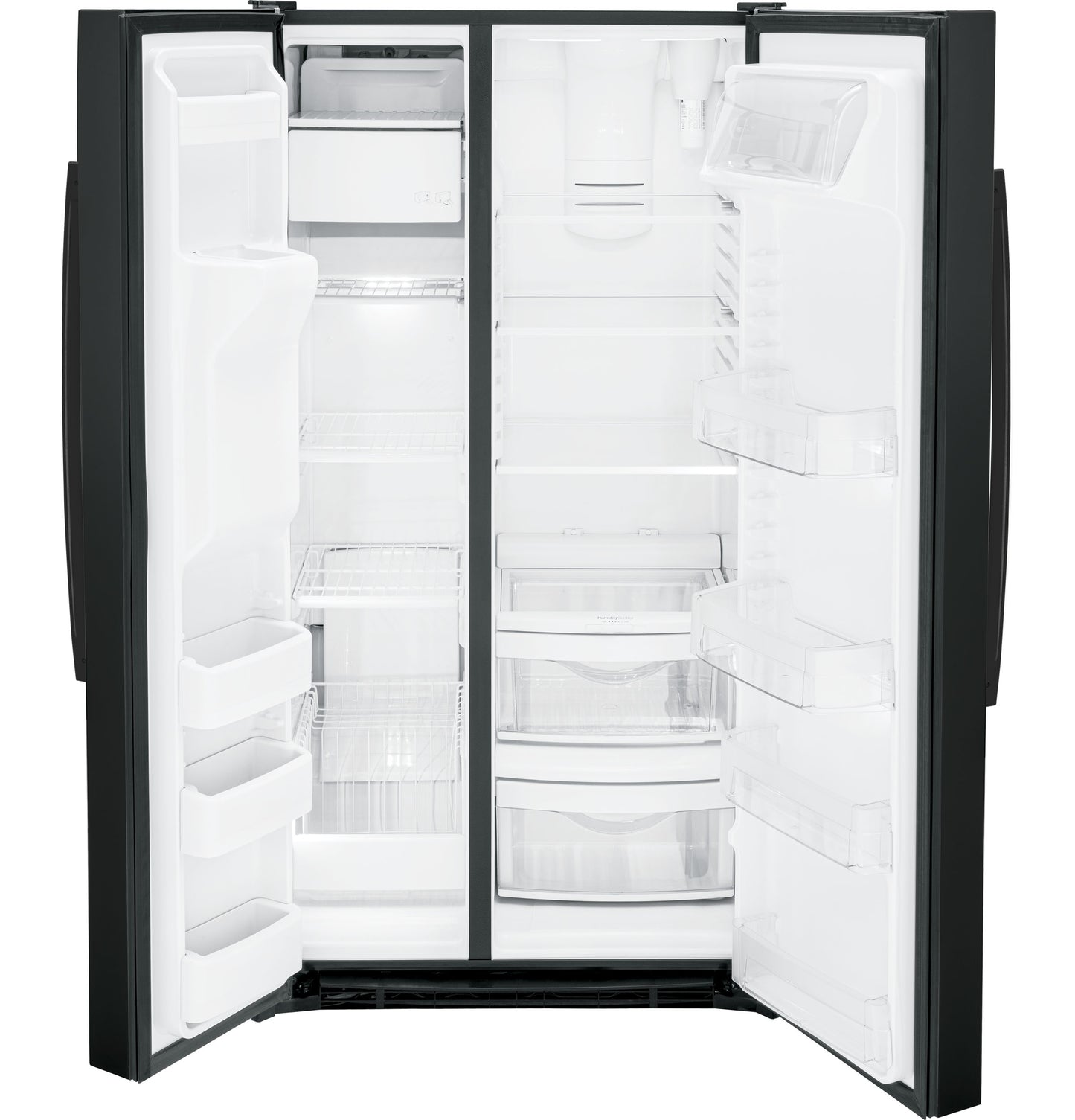 Open black side-by-side refrigerator with empty adjustable shelves and clear door bins in kitchen appliances collection