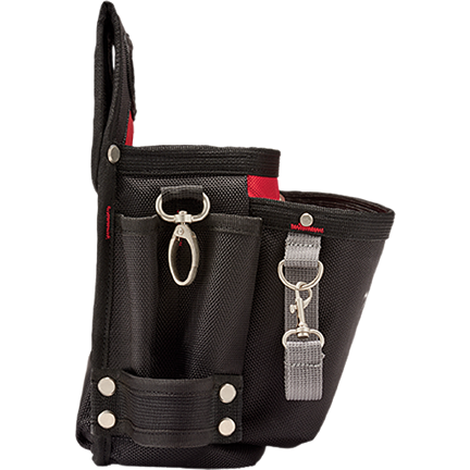 Black and red electrician's work pouch with quick adjust belt, multiple pockets, and metal clips for tool organization
