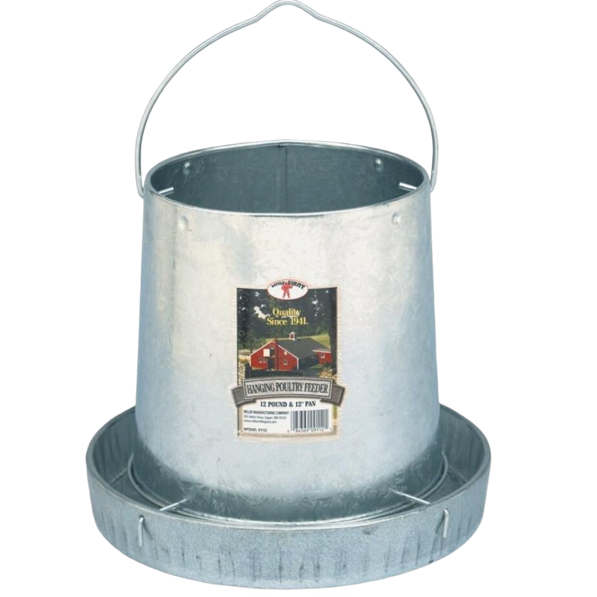Galvanized metal hanging feeder with handle and circular base designed for poultry feed storage and dispensing