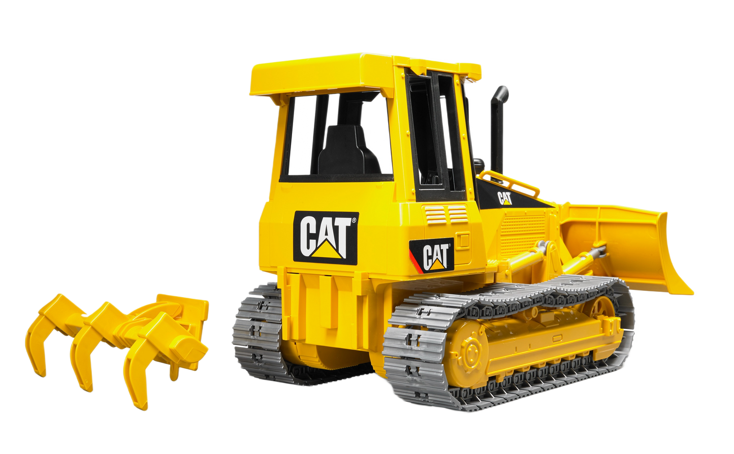 Yellow Bruder toy Caterpillar track-type tractor with detailed tracks and detachable grappling attachment in toy vehicles collection