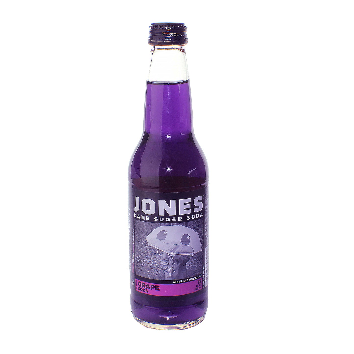 Glass bottle of purple grape soda with vintage-style label and metal cap for refreshment beverage use