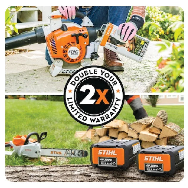Person wearing gloves pouring fuel into an orange and white leaf blower outdoors with two orange and black STIHL batteries and a chainsaw on a wooden surface nearby.