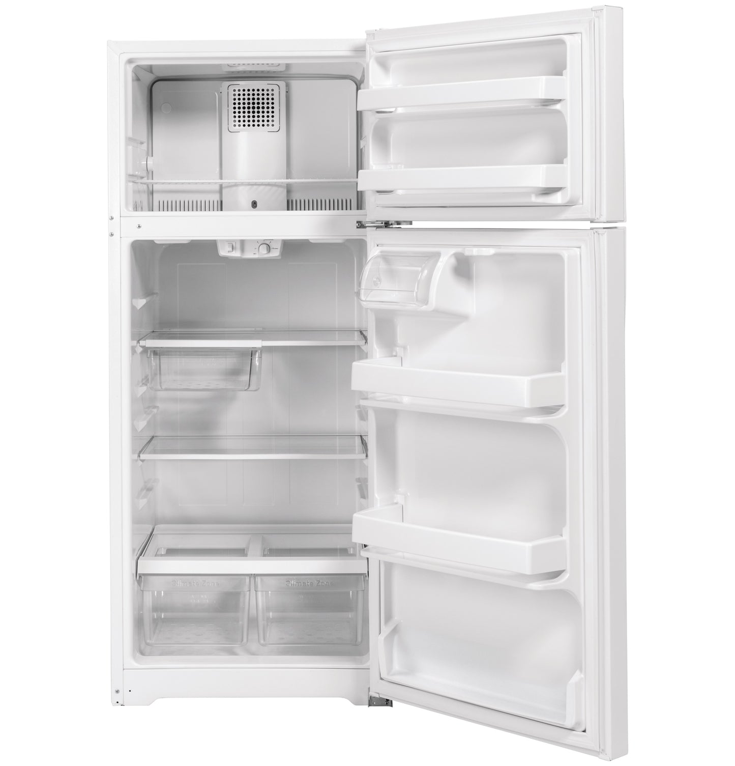 White top-freezer refrigerator open to show clear glass shelves and adjustable door bins from kitchenware collection