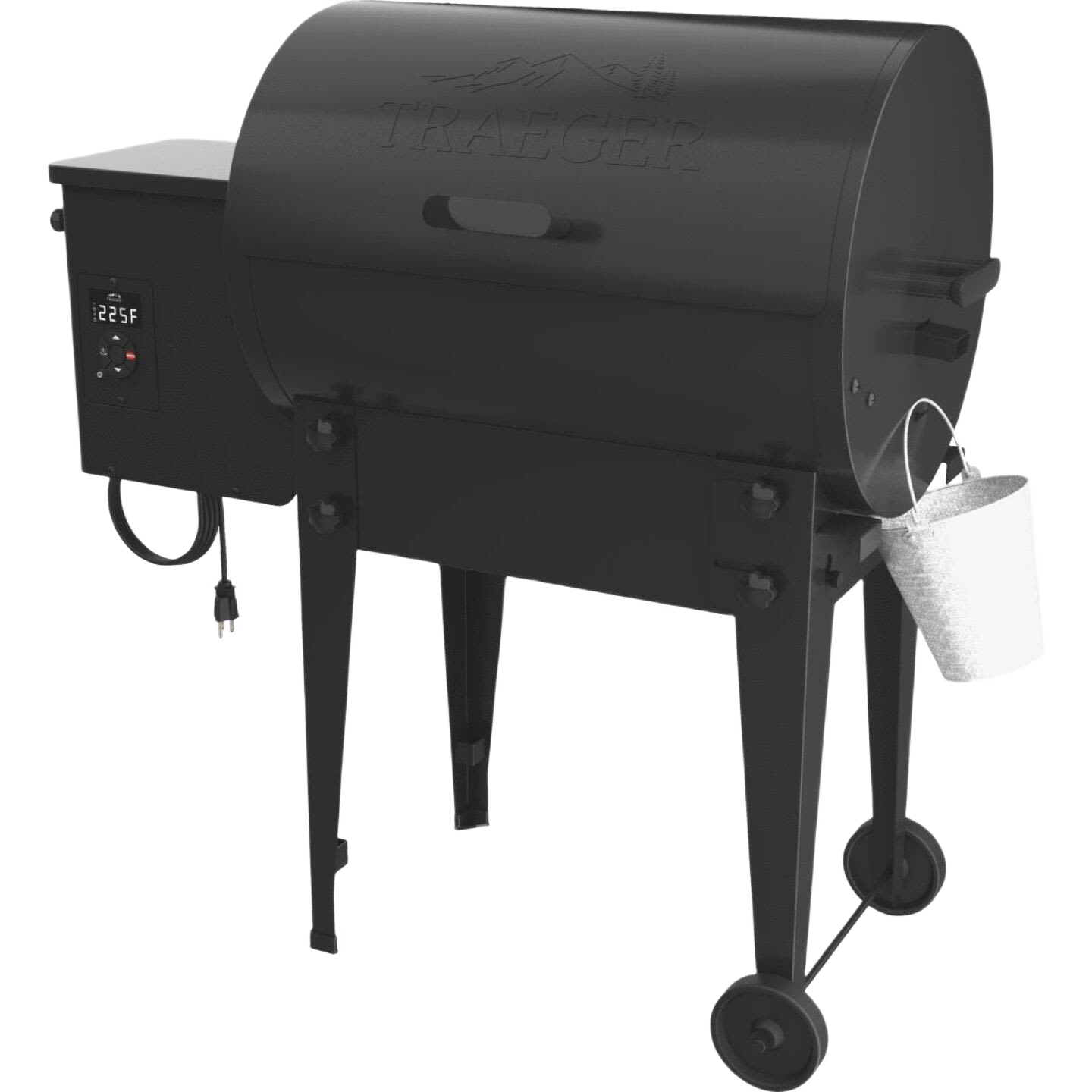 Compact black pellet grill with digital temperature control, wheels, and a hanging ash bucket for outdoor grilling use