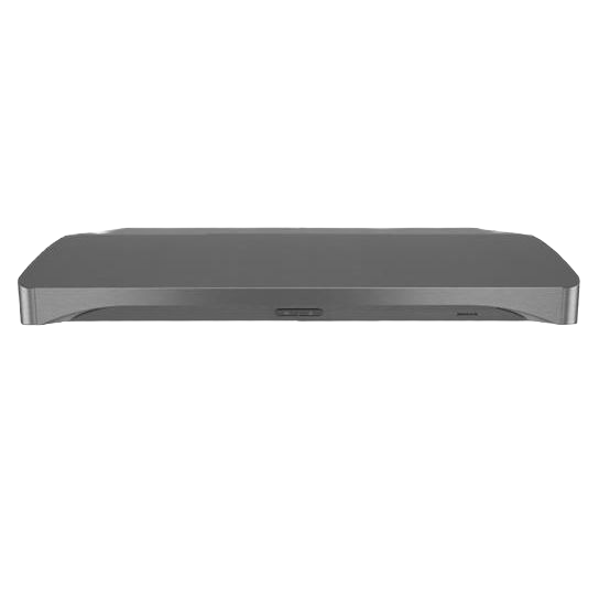 Modern under-cabinet range hood with wide curved design, tap touch controls, and LED modules in kitchen appliances collection
