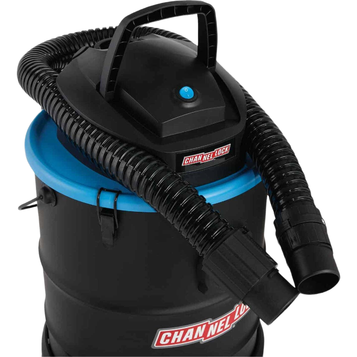 Black and blue 6-gallon ash vacuum with flexible hose and top handle for home improvement cleaning tasks