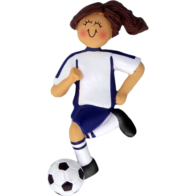 Brunette female figurine in blue and white soccer uniform kicking ball for Christmas Ornaments & Tree Decorations under $50