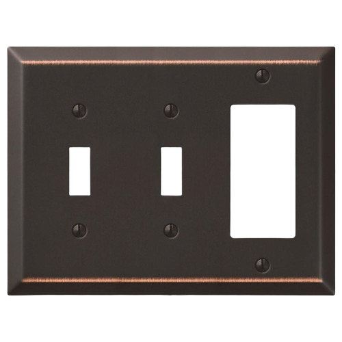 Aged bronze wall plate with two toggle and one rocker switch openings for home improvement use
