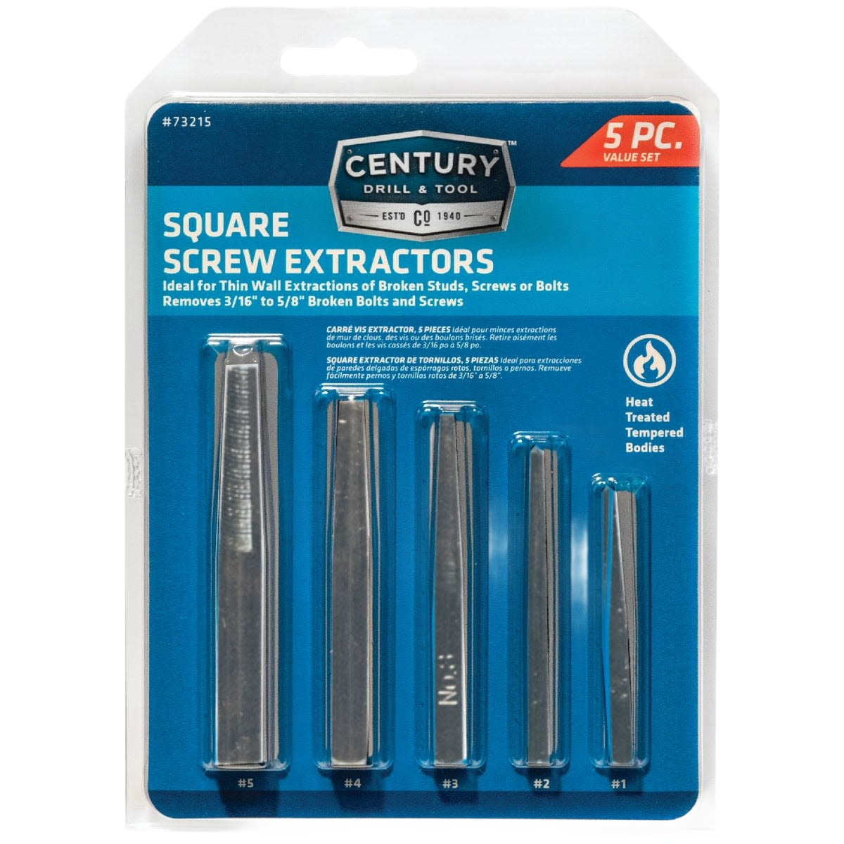 5-piece square screw extractor set with heat-treated tempered steel for removing broken bolts and screws under $50