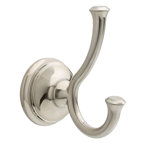 Brushed stainless steel double robe hook with curved arms for hanging towels or clothing in home improvement projects