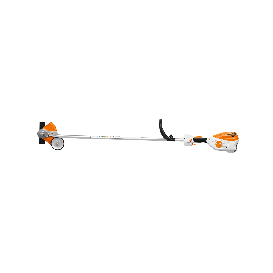 Orange and white battery-powered edger with long shaft and ergonomic handle for precise landscaping and home improvement tasks