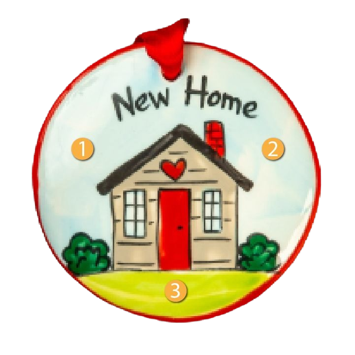 Hand-painted ceramic ornament with red door and heart, featuring "New Home" text for Christmas decorations under $50 collection