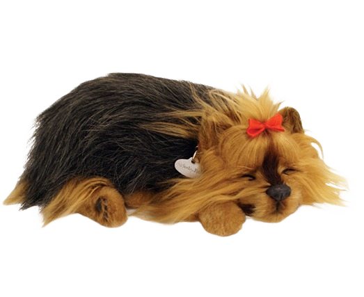 Lifelike Yorkie toy with black and tan fur and red bow, part of Dolls & Stuffed Animals under $50 collection