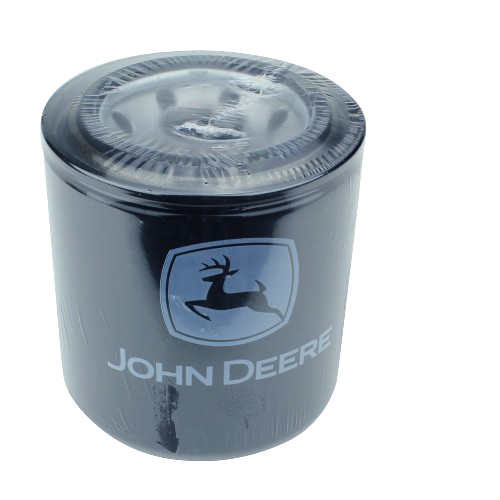Black John Deere hydraulic oil filter with logo for motor oils and lubricants in automotive parts collections