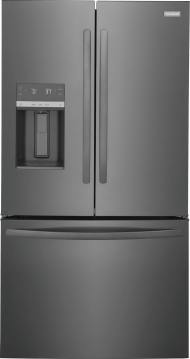 matte gray French door refrigerator with bottom freezer drawer and built-in water dispenser in kitchen appliances collection