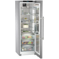 Open freestanding stainless steel refrigerator with illuminated interior and organized food storage in Appliances and Kitchen & Kitchenware collections