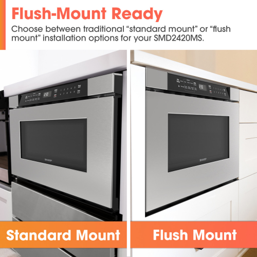 Side-by-side images of stainless steel built-in microwave drawer showing standard mount and flush mount installation options in kitchen setting