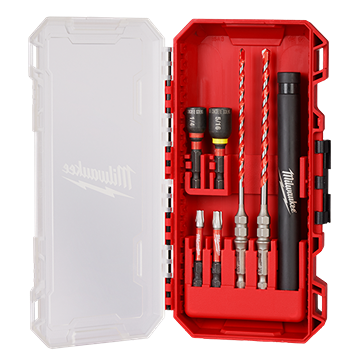 Compact red tool case with carbide hammer drill and driver bits for concrete screw installation under $100 collections