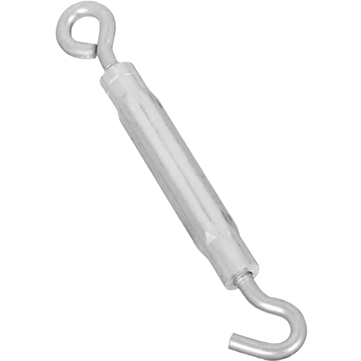Zinc coated metal hook and eye turnbuckle designed for tension adjustment in home improvement projects
