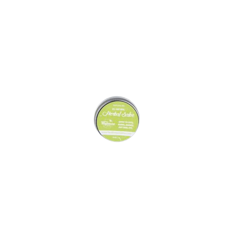 Small round herbal salve tin with green label for soothing skin in health and beauty under $25 collection