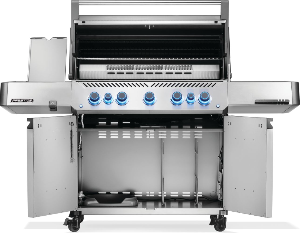 Stainless steel propane grill with six illuminated control knobs, open storage cabinets, rear warming rack, and side burner for outdoor cooking and grilling.