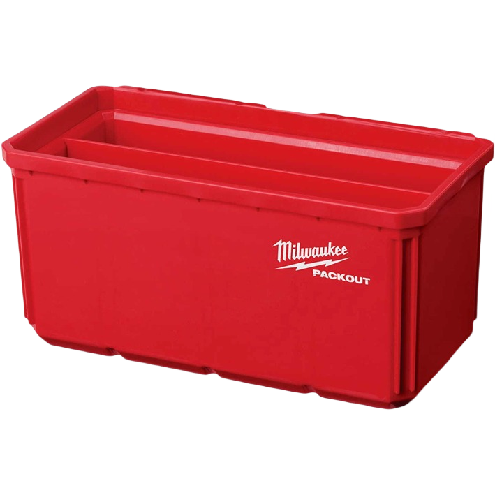 Red plastic Milwaukee PACKOUT™ storage bin designed for organizing tools in jobsite and workshop storage collections