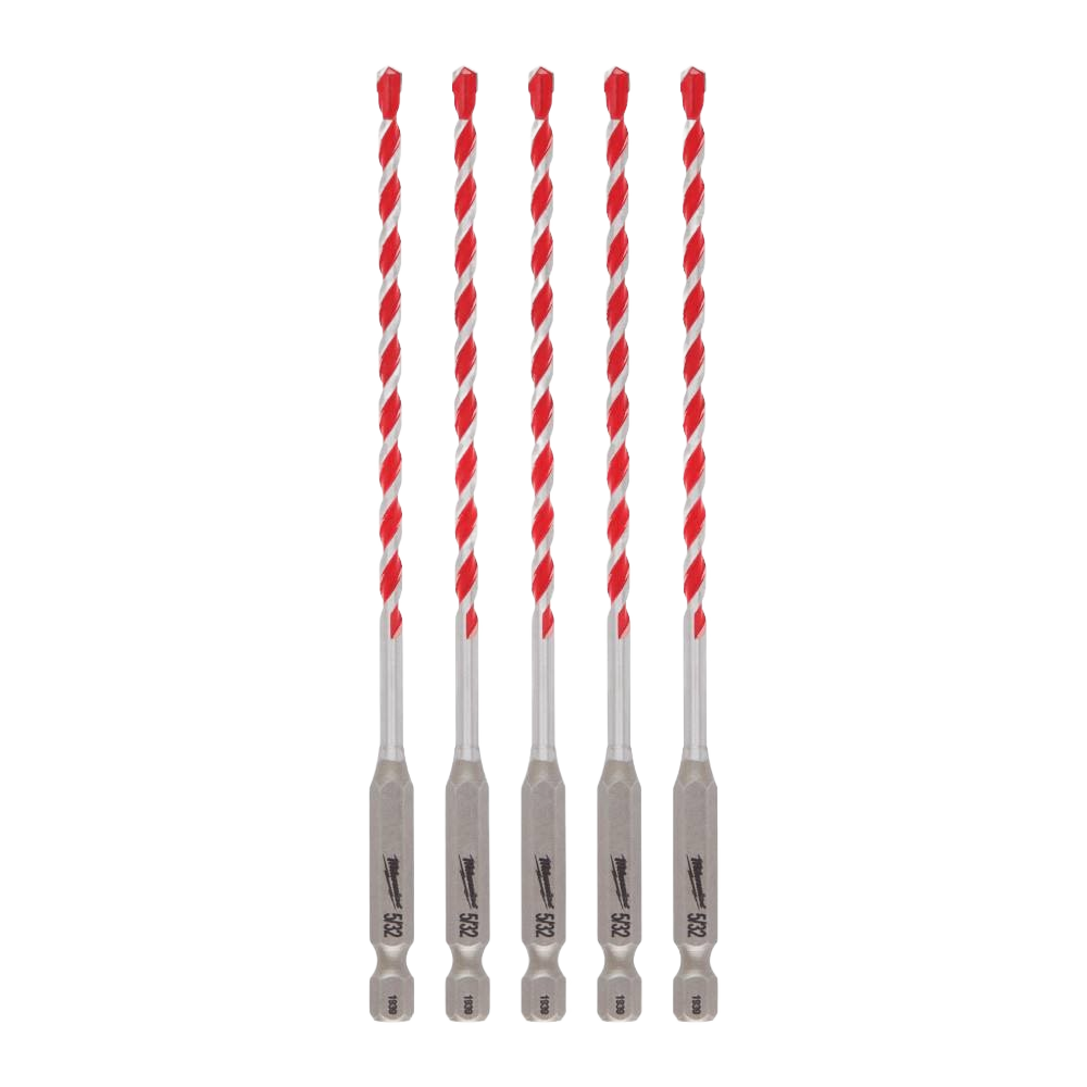 Set of five carbide hammer drill bits with red spiral flutes for concrete and masonry in tool accessories collection