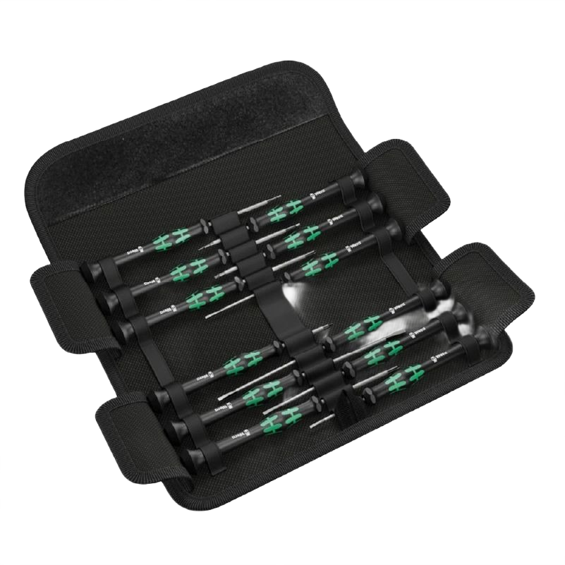 Compact 12-piece precision screwdriver set with black and green handles for electronic tools and home improvement tasks