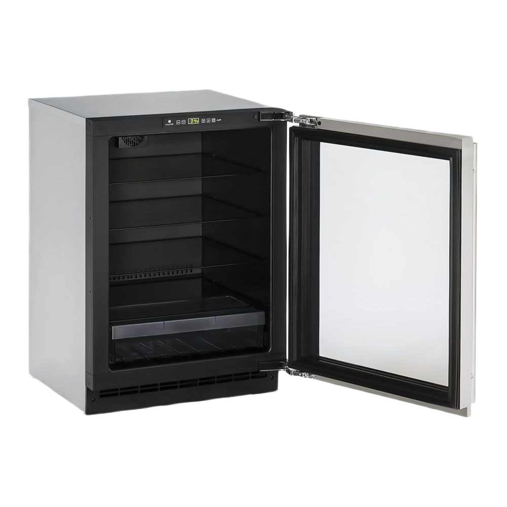 Black compact refrigerator with right-hinged glass door, adjustable shelves, and lock from Appliances collection