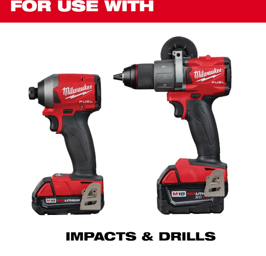 Red and black cordless Milwaukee impact driver and drill with ergonomic grips for power tool accessories and home improvement use