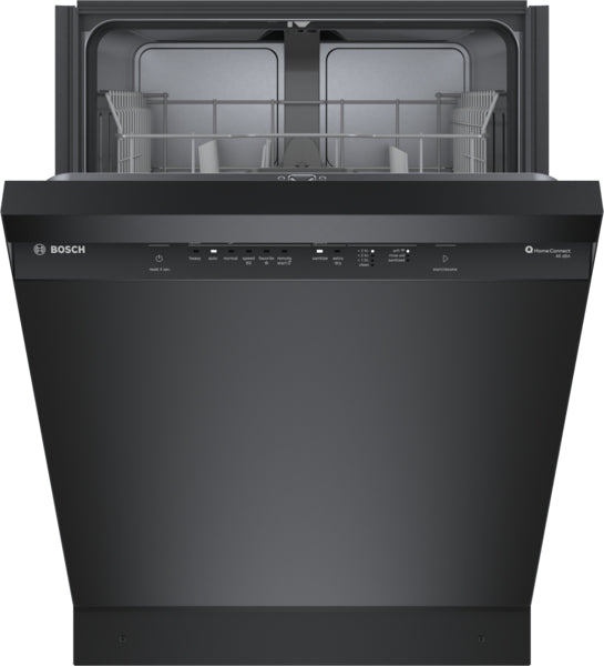 Black 24-inch Bosch dishwasher with open door, integrated control panel and spacious interior racks from kitchen appliances collection