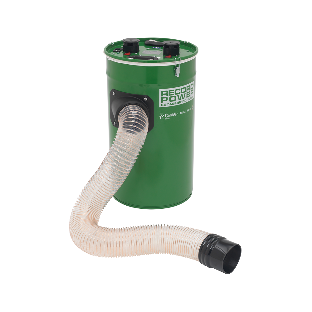 Green cyclonic dust extractor with twin motors and flexible hose for tools and home improvement projects