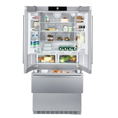 Open stainless steel freestanding French door refrigerator with bottom freezer drawer and interior storage in appliances collection