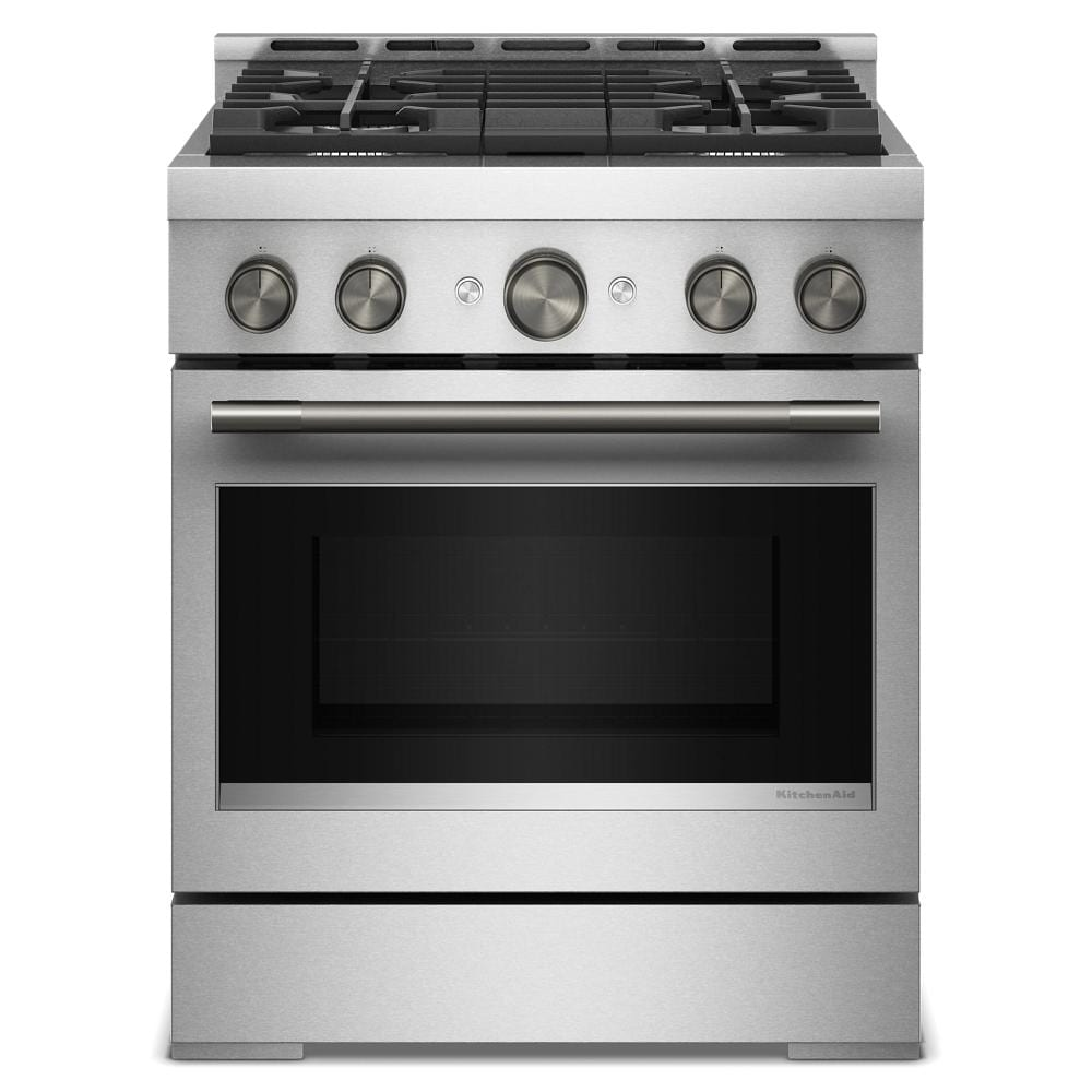 Stainless steel commercial-style gas range with four burners and large oven door from Ranges and Kitchen & Kitchenware collections
