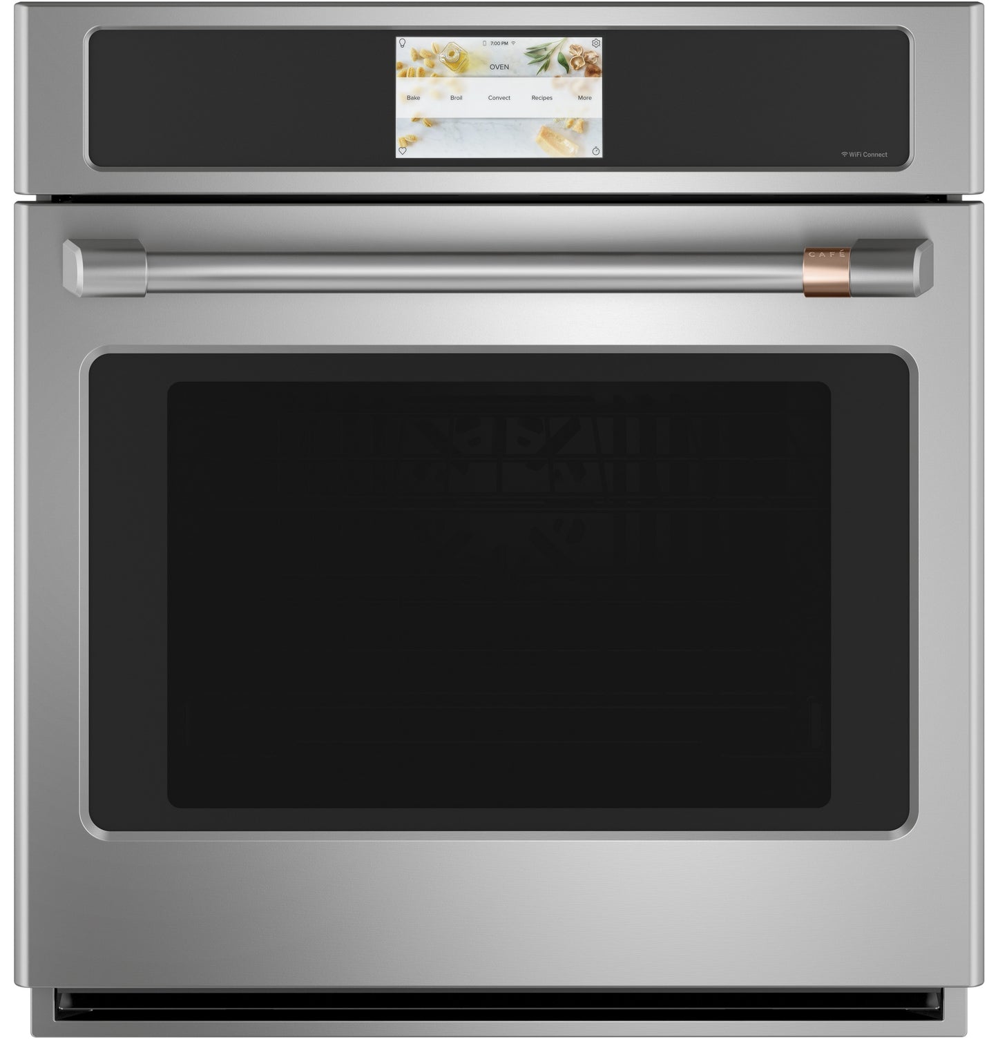 Stainless steel smart wall oven with convection and touchscreen display in modern kitchen appliance collection