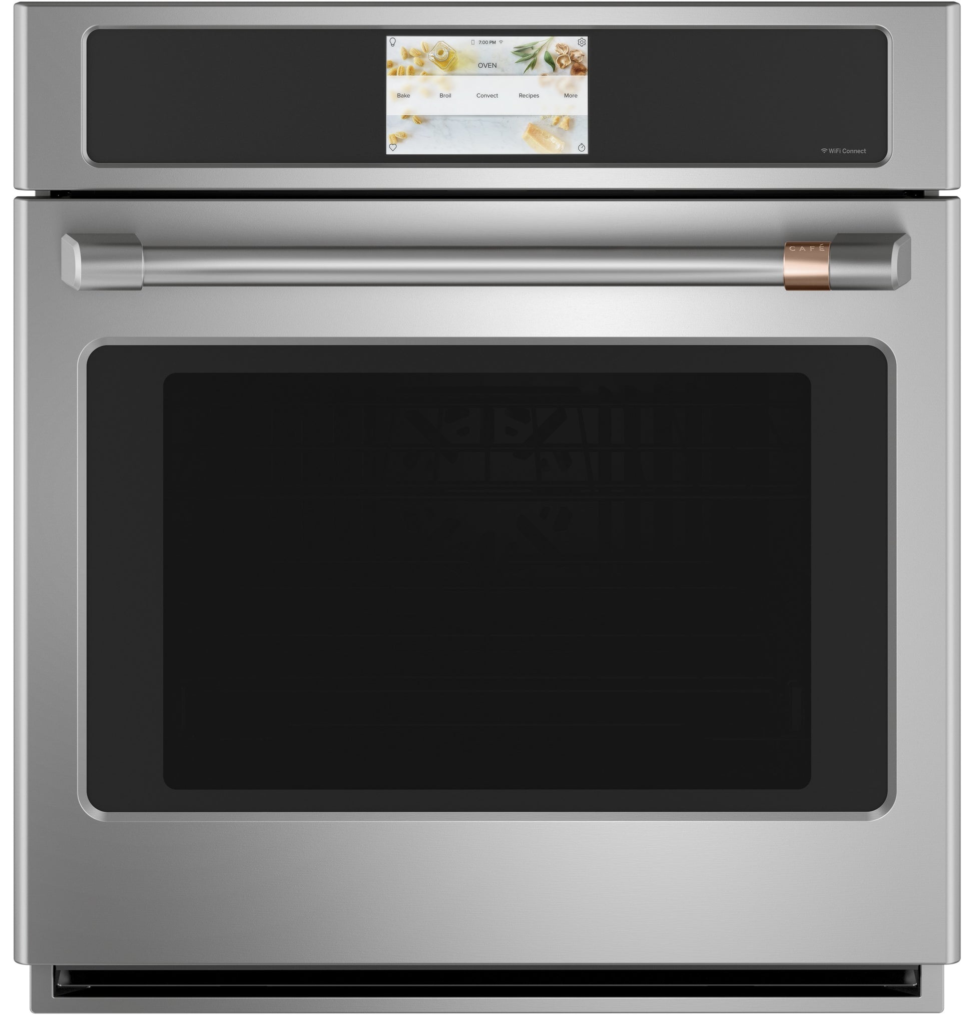 Stainless steel smart wall oven with convection and touchscreen display in modern kitchen appliance collection
