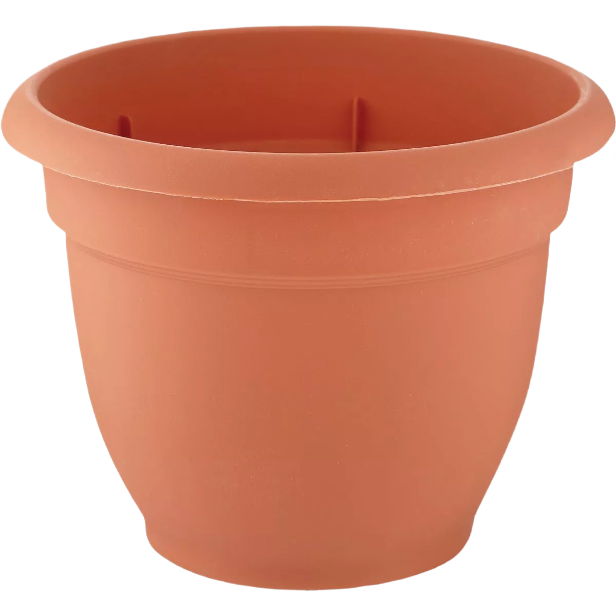 Terracotta-colored plastic self-watering planter with wide rim for indoor and outdoor gardening use